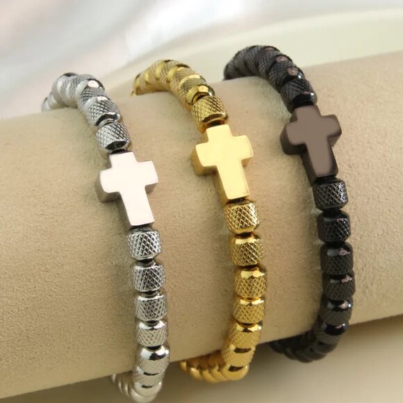 3/$35 Men's Adjustable Cross Bracelet Stainless Steel Silver Beaded Jewelry - Picture 7 of 8